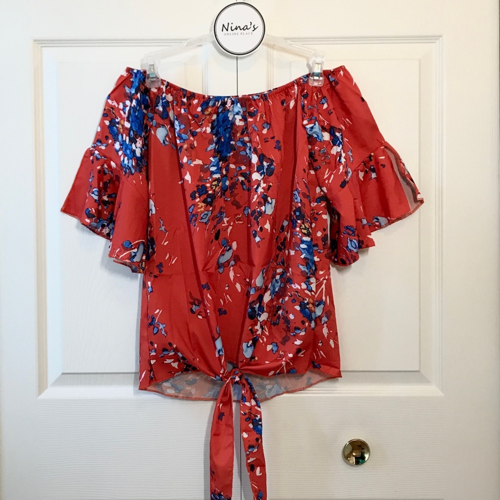 Tie Knot 3/4 Bell Sleeve Floral Top Red/Blue Size M